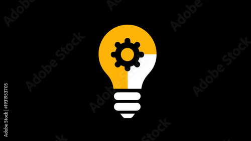 A conceptual design featuring a lightbulb combined with a gear symbol, set against a black backdrop