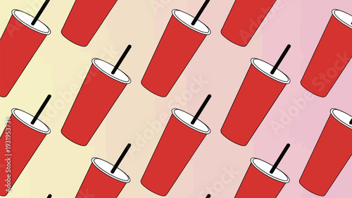 Vibrant red disposable cups with black straws on colorful background