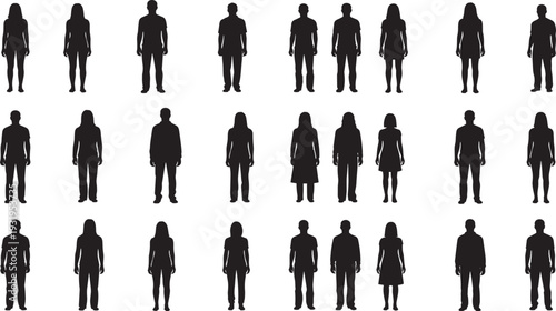 Twenty‑five diverse human silhouettes arranged in grid, varying clothing styles and body shapes, isolated black figures for demographic representation, diversity illustration, and social design use