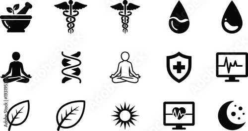 Holistic health and wellness icons for medical and lifestyle themes