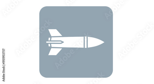 Simple white rocket ship icon centered on a muted blue rectangular background