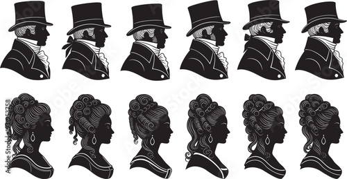 Vintage silhouette profiles of men in top hats and women with elaborate hairstyles, representing classical portrait art, historical fashion, and elegant 18th‑19th century style