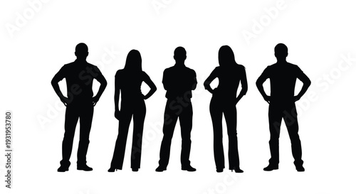 Black silhouette illustration of a diverse team of five professional people standing together confidently