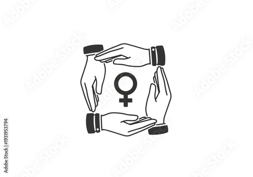 A very simple four hands forming a circle around the female gender symbol concept of unity support and feminism icon in black and white style