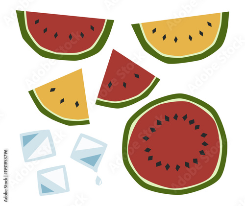 赤いスイカ 黄色いスイカ 大正時代の図案テイストのベクターイラスト