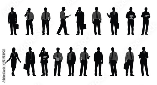 A diverse vector illustration of business people silhouettes in various professional poses with reflections.