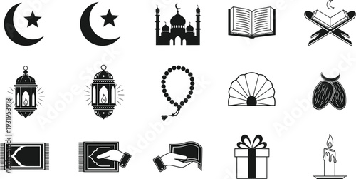 Ramadan Kareem icons set with mosque, lanterns, and Islamic symbols
