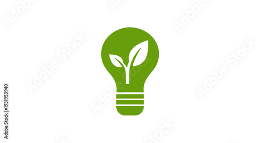 A green lightbulb icon containing a plant growing inside of it, on a white background