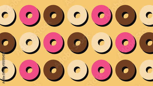 Colorful donuts arranged in rows on yellow background