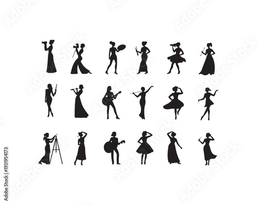 Black silhouettes of women engaged in artistic and musical activities painting guitar