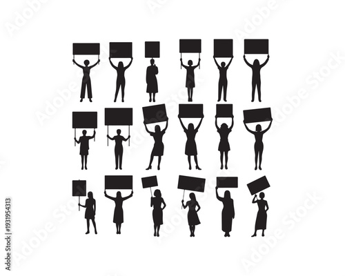 Collection of Black Silhouettes of People Holding Blank Signs and Banners for Protests Demonstrations and Social Movements on a