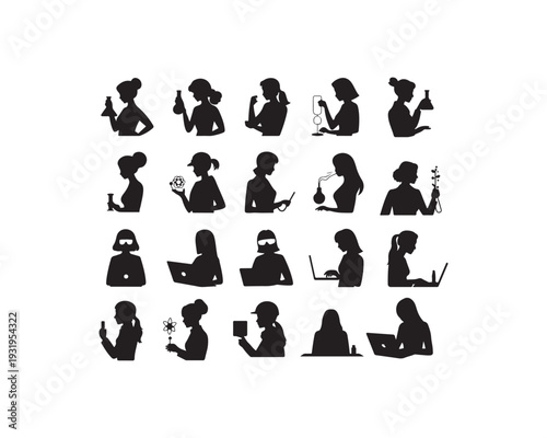 Collection of Black Silhouettes of Women Engaged in Scientific and Technological Activities equipment