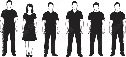 Six human silhouettes standing side by side, five male figures and one female in dress, isolated black outlines for group representation, design, and demographic illustration