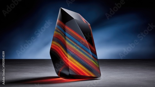 A striking geometric crystal sculpture with vibrant, multi-colored light streaks refracting through its dark, polished surface.