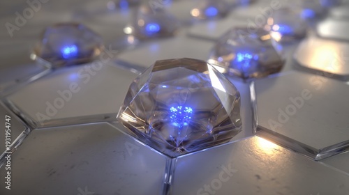Close-up of a brilliant cut diamond with internal blue light on a textured surface
