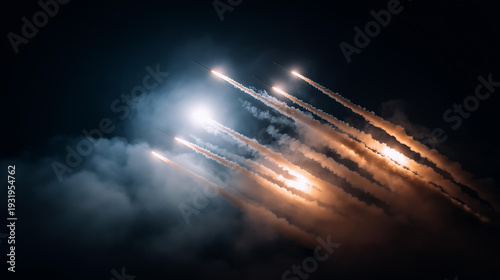 Interceptor rockets and missiles launch into the night sky with smoke trails from a low angle during an air defense engagement