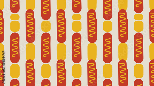 Vibrant hot dog pattern with mustard and buns on beige background