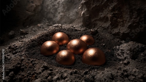 Cluster of Gleaming Copper Ore Deposits in Dark Earth