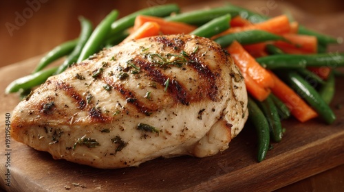 Deliciously grilled chicken breast with seasoned skin and colorful steamed vegetables on a wooden board