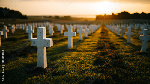 Rows of white crosses marking graves in a military cemetery on green grass at dawn during golden hour conveying a solemn memorial atmosphere