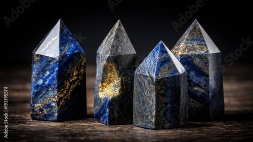 Four polished lapis lazuli points with golden inclusions arranged on a dark textured surface