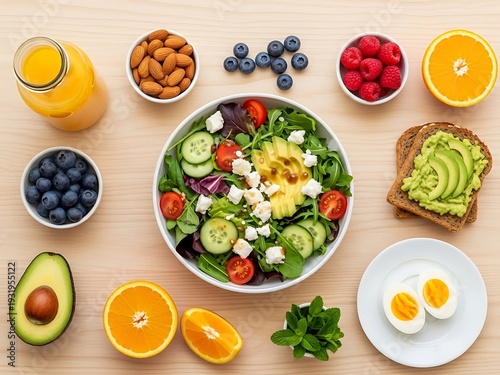 Nutritious and colorful breakfast arrangement with healthy foods variety