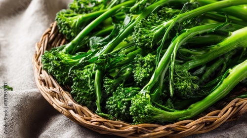Fresh Emerald Green Broccoli Florets Arranged in a Wicker Basket