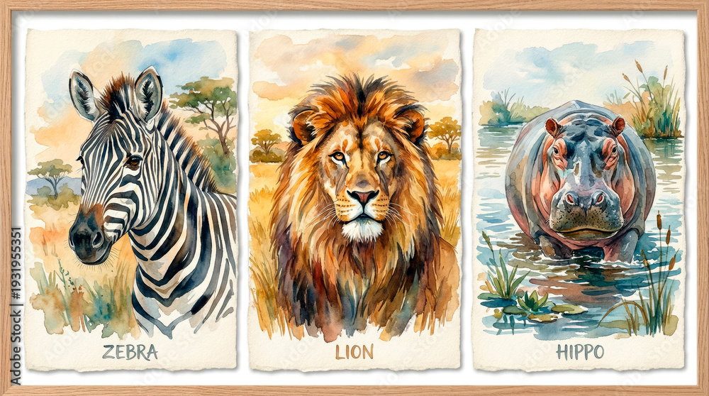 Obraz premium Watercolor paintings of a zebra, lion, and hippo creating a vibrant triptych