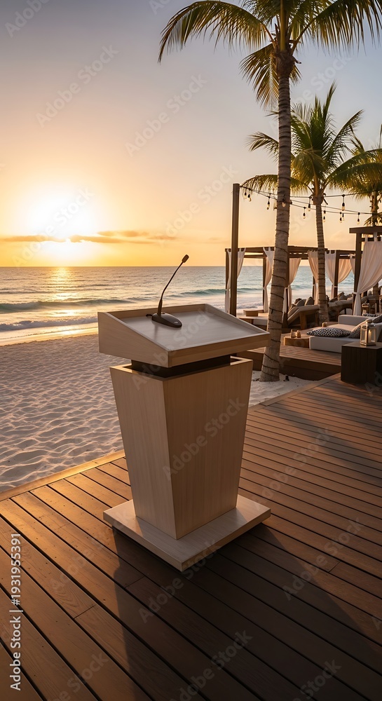Fototapeta premium Beachfront podium with sunset ocean backdrop offers serene presentation space