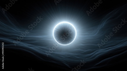 Luminous energy sphere radiating light and energy within a dark, cosmic nebula.