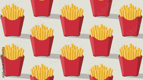 Multiple servings of crispy french fries in red containers