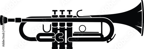 Black and white vector silhouette of a trumpet musical instrument isolated on white background for jazz band music concert poster or orchestral performance design
