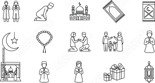 Ramadan icons set with mosque, prayer, and celebration elements