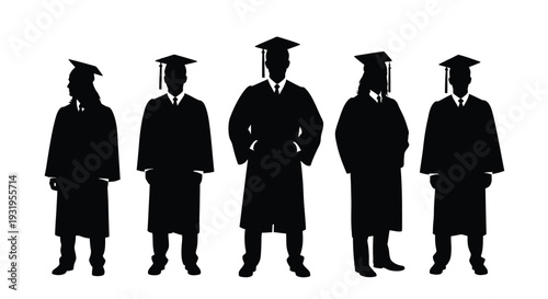 Five graduate silhouettes wearing academic caps and gowns celebrating their educational achievement vector illustration