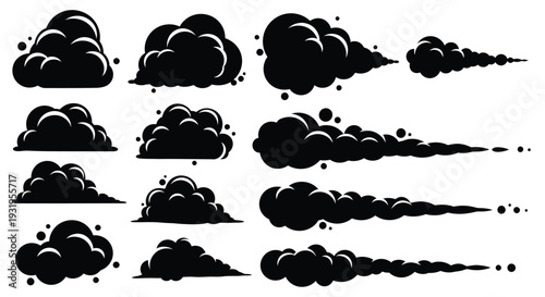 Dynamic vector illustration featuring a collection of black smoke and dust clouds with varying shapes.