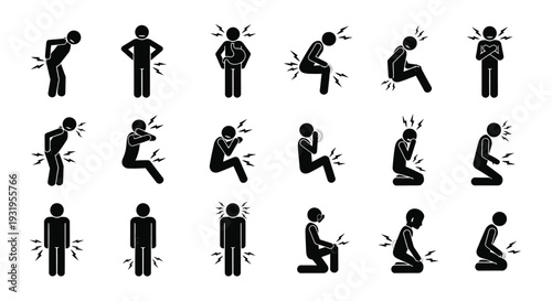 Vector illustration of stick figure men experiencing diverse body pain and discomfort in various poses and situations.