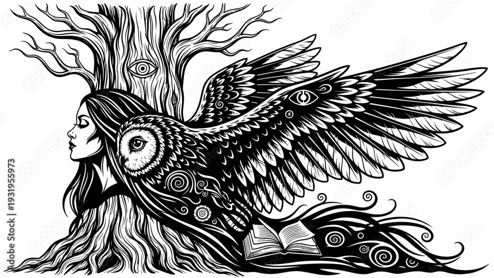 Obraz premium Mystical Owl Woman with Wings and Tree, Fantasy Art, Esoteric Symbolism, Black and White Illustration