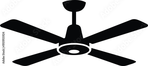 Black ceiling fan vector icon with four blades featuring a minimalist silhouette design for home cooling interior ventilation climate control and appliance graphic designs.
