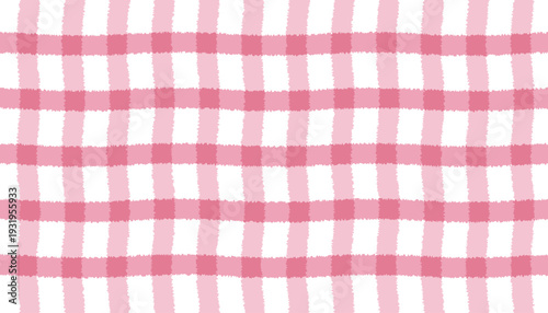 Pink and white gingham pattern background with hand-drawn texture