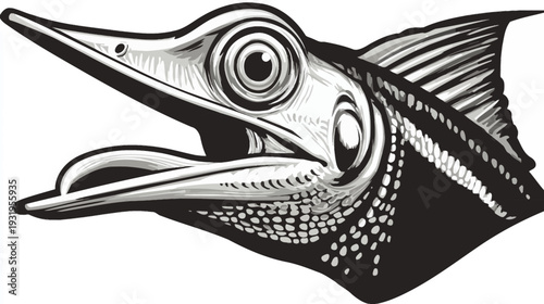 Monochrome illustration of a fish with an elongated snout and open mouth