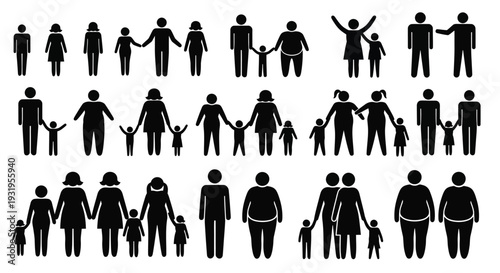 Comprehensive vector graphic illustration presenting diverse family units, individuals, couples, and children with varying body types.