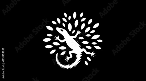 A white silhouette of a lizard surrounded by leaves on a black background