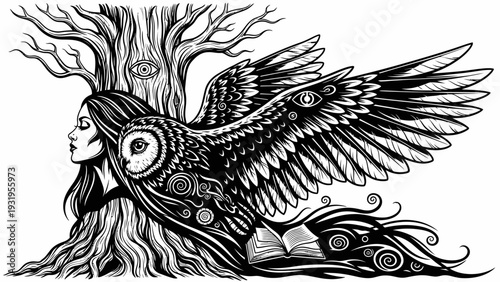 Mystical Owl Woman with Wings and Tree, Fantasy Art, Esoteric Symbolism, Black and White Illustration