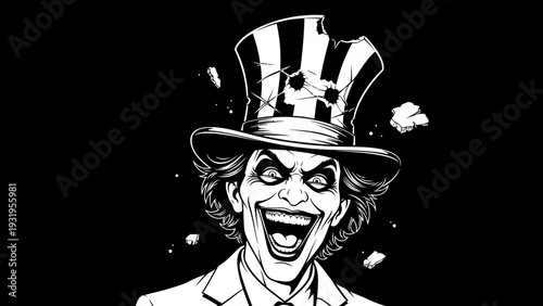 Joker's Madness: Maniacal Laugh, Top Hat, Black and White Illustration