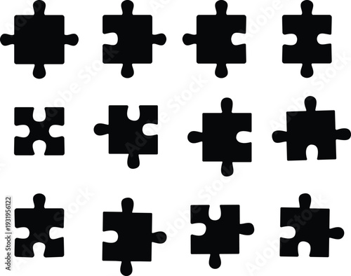Black puzzle piece vector set collection group with jigsaw element icons, connection solution symbol isolated on transparent background, outline silhouette editable minimalist design
