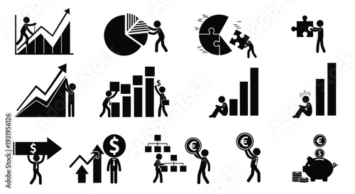 Collection of vector graphic business strategy icons illustrating concepts of growth, finance, management, and problem-solving.
