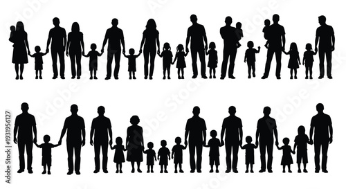 Various black vector silhouettes of parents and children holding hands, depicting diverse family structures and generations.