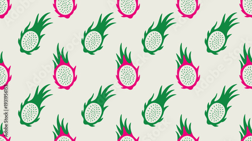 Vibrant dragon fruit pattern with green and pink hues on cream background