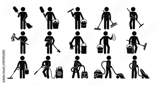Set of vector stick figure icons illustrating different cleaning occupations and domestic maintenance services.