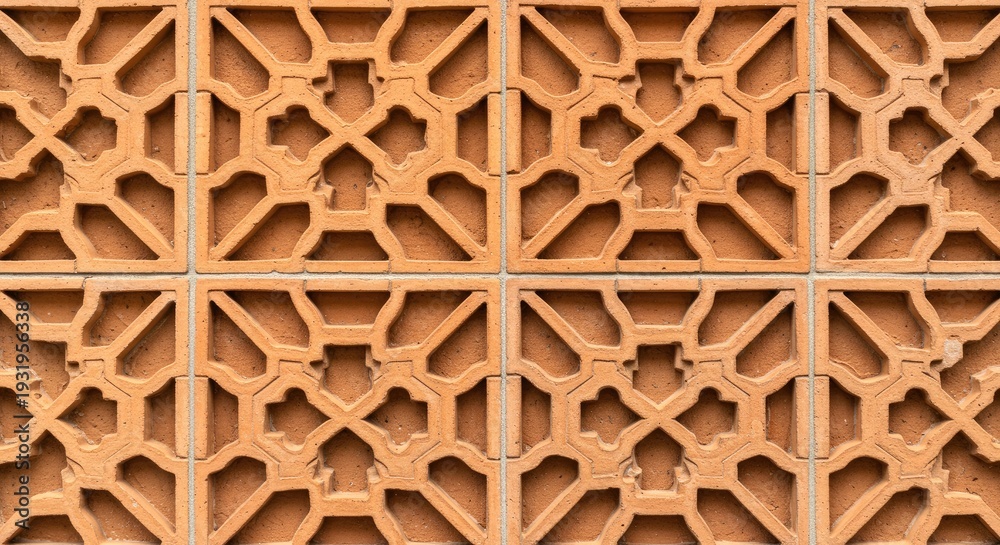 Naklejka premium Terracotta breeze block wall pattern with ornate clover and cross shaped cutouts for ventilation and architectural decoration in modern mediterranean building designs and residential garden privacy